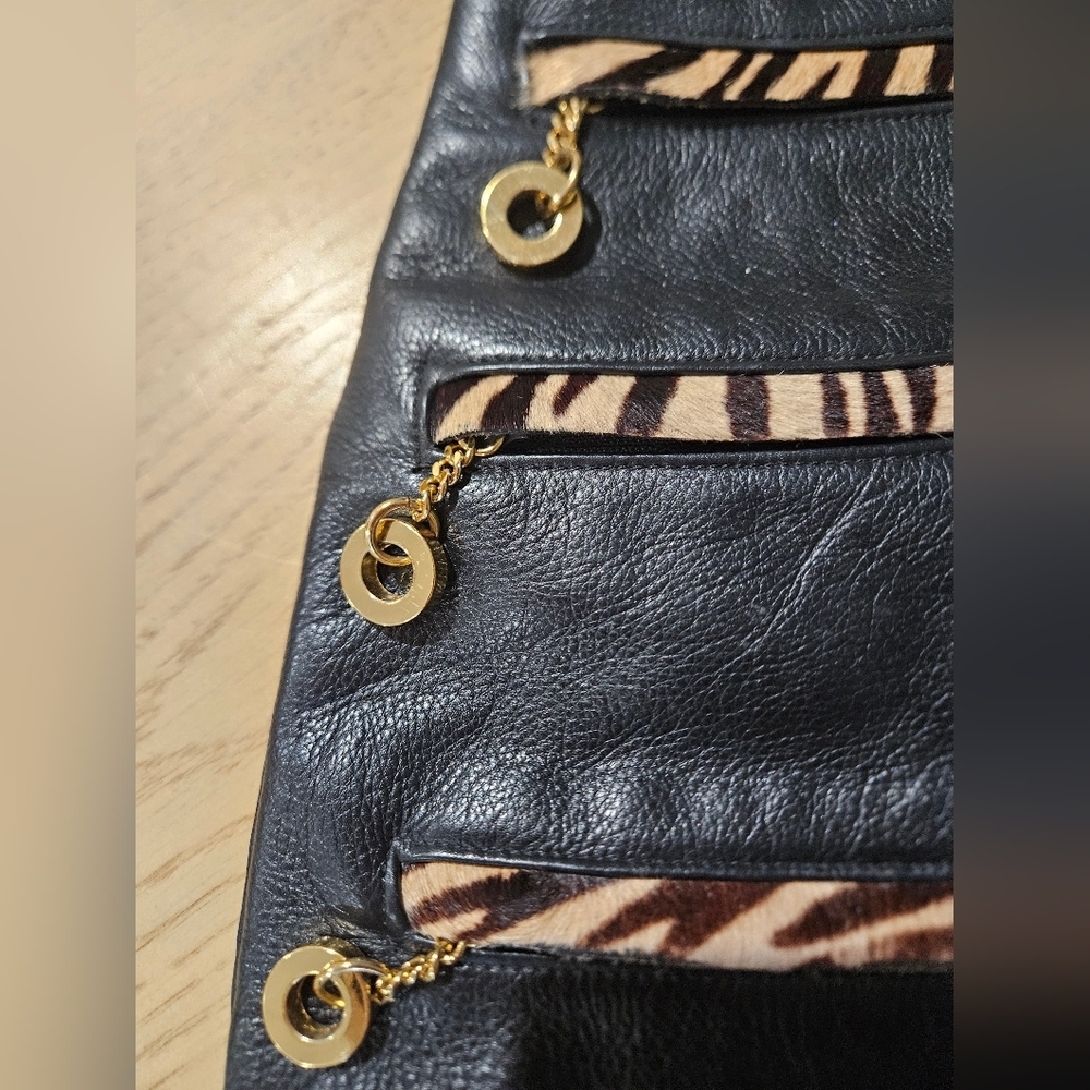 Vintage Black Leather Hobo Bag Haircalf Zebra Accent Multi Zip Shoulder Purse. - Picture 16 of 16